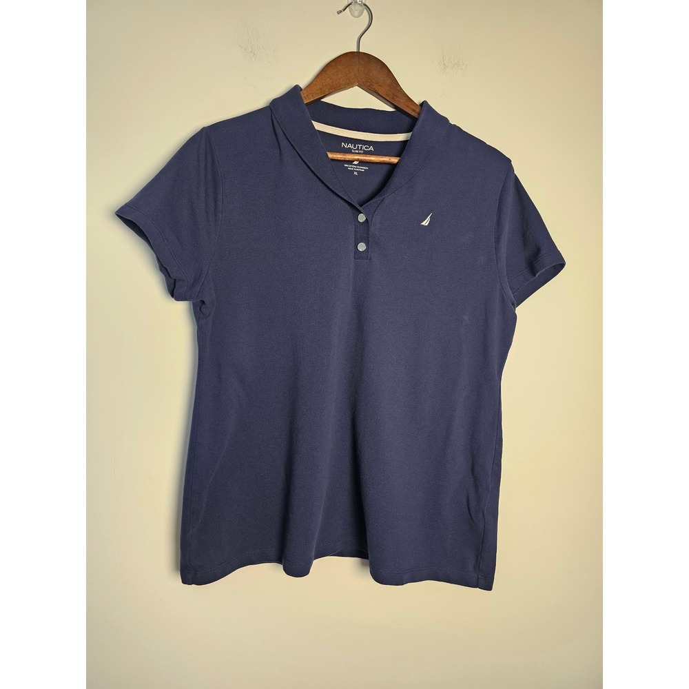 [Preppy] Nautica Slim Fit Polo Shirt Womens XL Navy Blue Gold Button V-Neck Logo